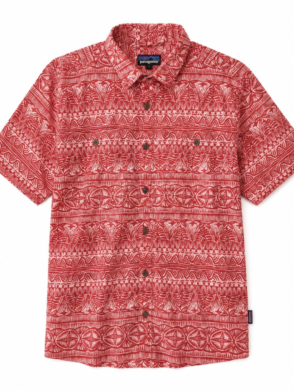 Patagonia Mens Worn Wear Hemp Aloha Shirt Size L | Red Tribal Pattern | Button U